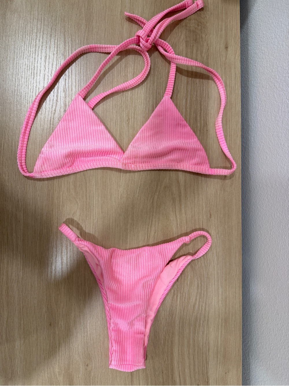XS Ribbed Pink Triangle thong Bikini Set from Brasil